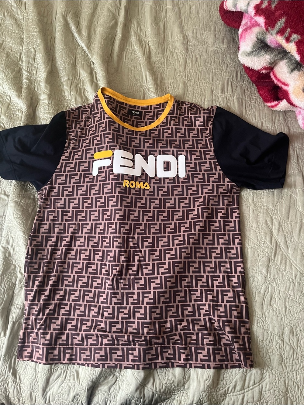 Fendi Short Sleeve Monogram Tee in Brown, Black & Yellow